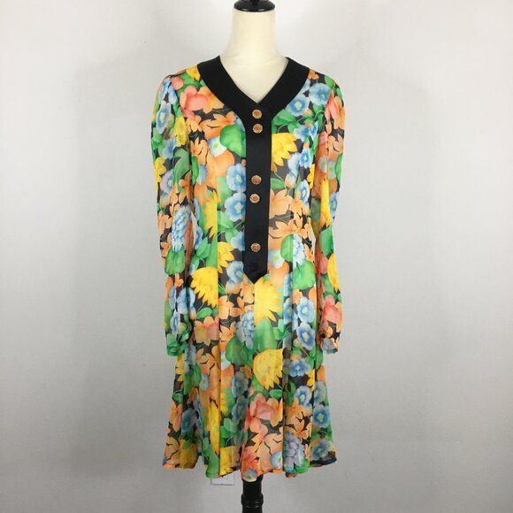 BLUE MOMENT Italy Sheer Multi-Color Floral Print Silk Blend Long Shirt/Dress - Picture 3 of 10
